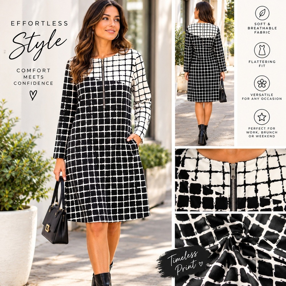 Rachel Rachel Roy Womens XS Black White Grid Print Long Sleeve Sheath Dress